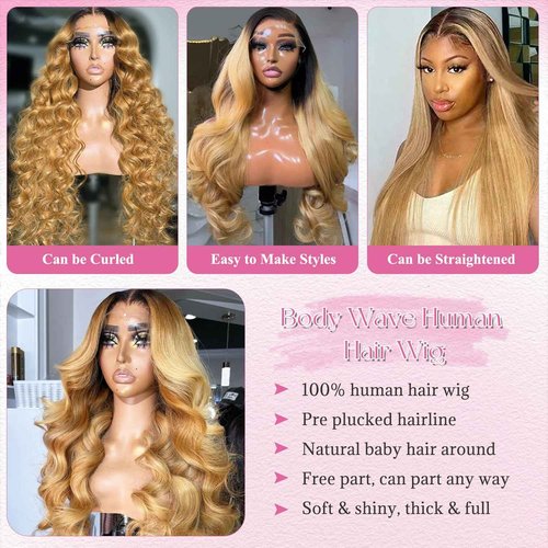 Body Wave Lace Front Wigs Human Hair Curly Wave Ombre 1B27 HD Lace Frontal Real Human Hair Wig for Black Women 13x4 Wavy Natural Black to Honey Blonde Glueless Wigs with Dark Roots Free Part 22 Inch