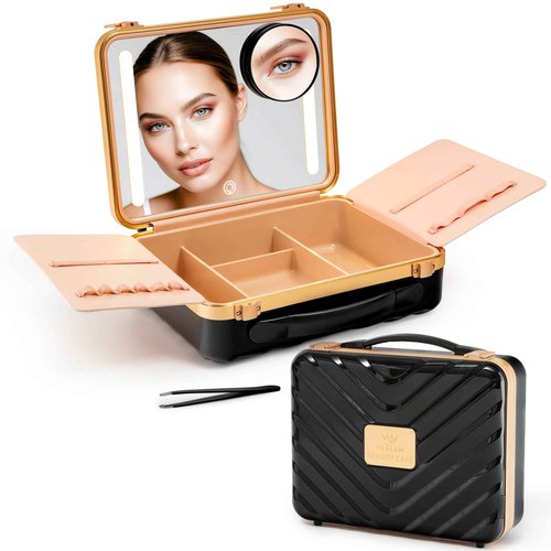 NJ GLAM Lighted Makeup Case with Mirror - Portable Travel Makeup Organizer with light up Mirror, 3 Light Settings, Rechargeable Makeup Bag with Mirror and Lights - Mini 10x magnifying Mirror included