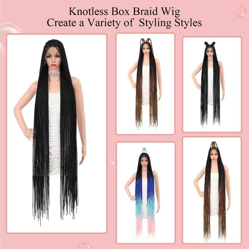 Zurffiy 56" Knotless Braided Wigs for Women: Box Braid Wig with Baby Hair, Human Hair Blended, Super Long Lace Front, Mix Brown and Light Brown