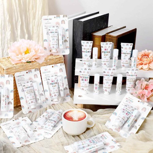 Loopeer 48 Set/ 96 Pcs Christmas Teacher Lip Balm Lotion Gift Set Bulk Boho Rainbow Mini Hand Cream Sets Xmas Stocking Stuffers Thank You Small Gifts for Women Employee Coworker Staff Volunteer