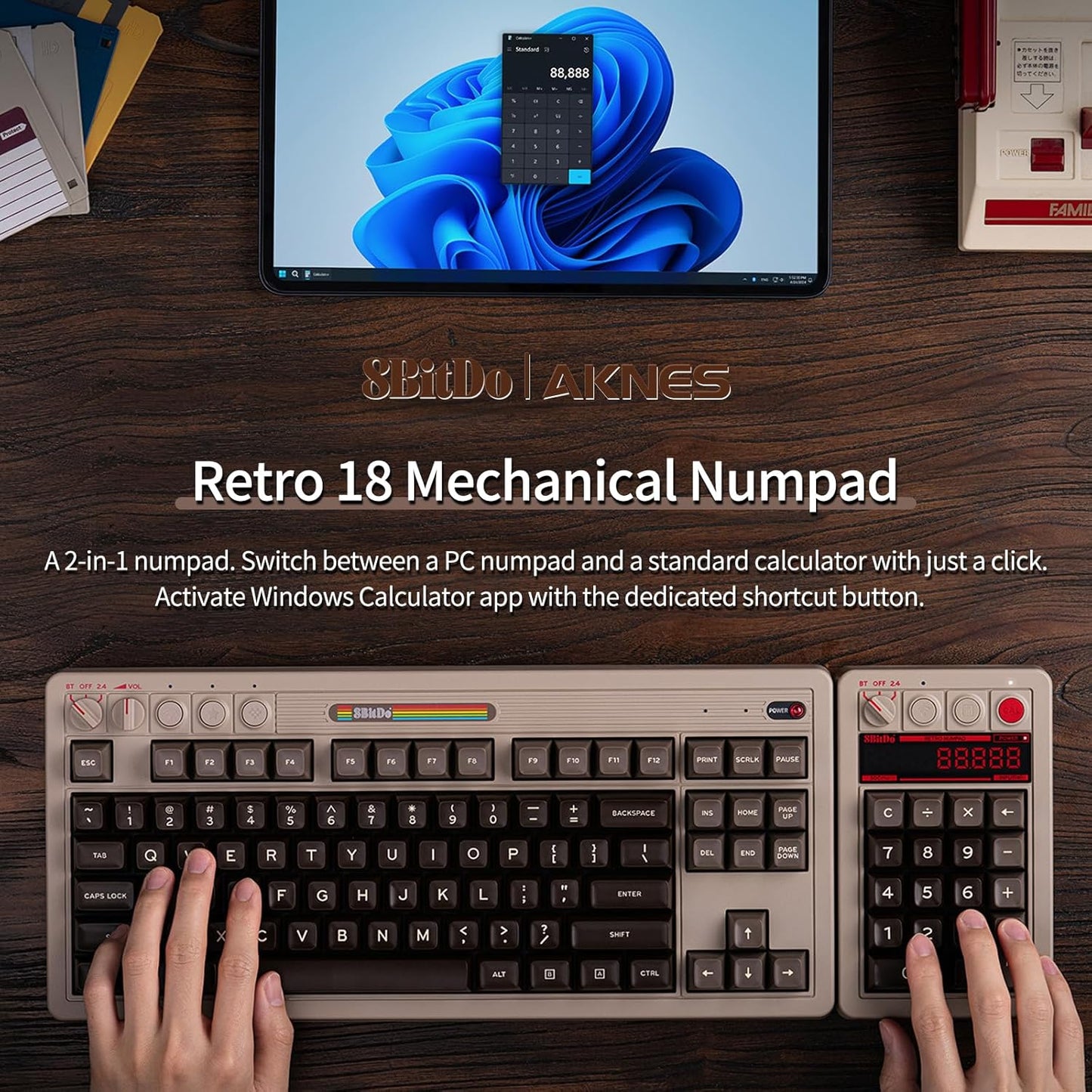 AKNES 8BitDo Retro 108 Mechanical Keyboard, Hot Swappable Gaming Keyboard with 108 Keys&Integrated Numpad, Dual Super Buttons, Bluetooth/2.4G/USB-C Keyboard for Windows & Android - N Edition