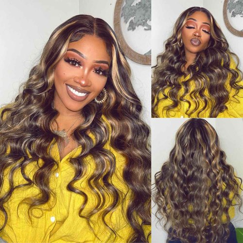 Loose Deep Wave Bundles With Closure Human Hair 16 18 20+16inch Ombré Highlight Loose Deep Wave Bundles Human Hair with 4x4 Lace Closure Brown Highlight Colored