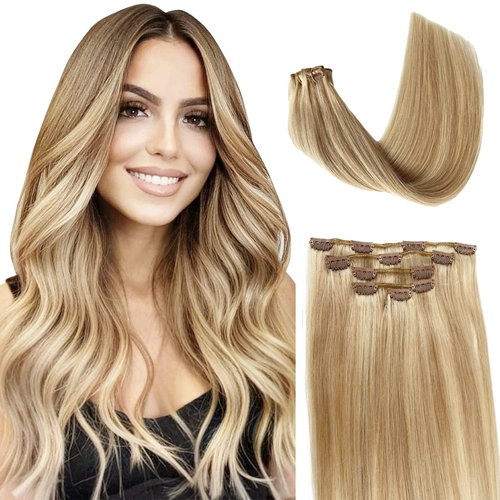 Clip in Hair Extensions Balayage Beige Blonde to Honey Blonde Brazilian Hair 70g 5pcs Per Set Real Human Hair Extensions Clip in Double Weft Silky Straight Clip on Extensions for Women 22 Inch