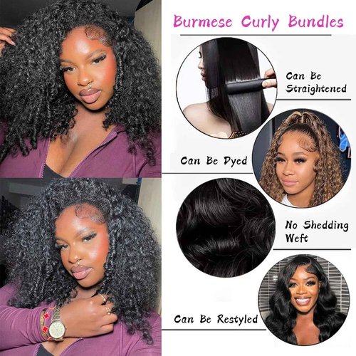 Muzkala Burmese Curly Bundles Human Hair Water Wave Human Hair 100% Unprocessed Brazilian Virgin Remy Hair Bundles Quick Weave for Women Natural Black (Burmese Curly Natural Black, 16 16 16 Inch)