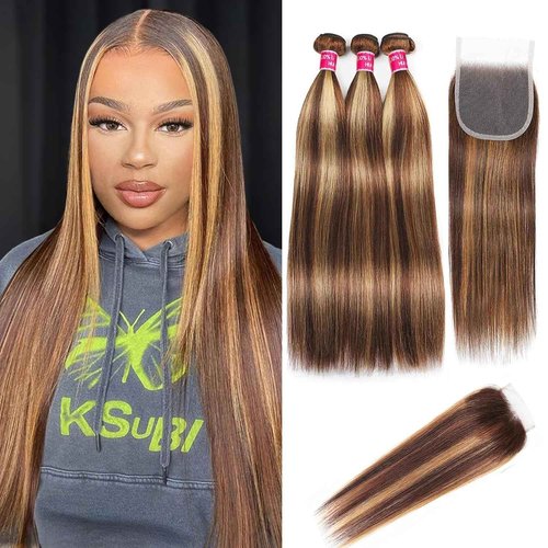 Realloves Highlight Ombre Bundles with Lace Closure Brazilian Straight Brown Blonde Highlight 3 Bundle with 4X4 Free Part Closure (14 16 18+14Inch) P4/27 Colored Remy Virgin Hair Weave