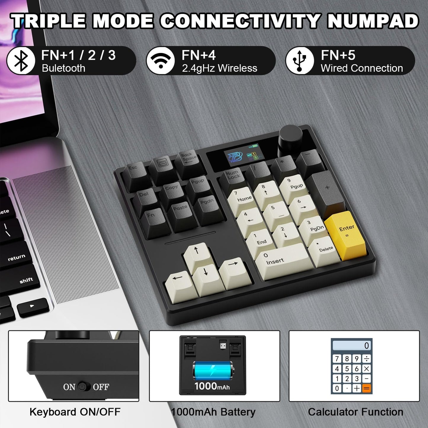 ZMX X BOYI TD31Pro Mechanical Number Pad,30 Keys Hot Swap Wireless BT5.0/2.4GHz/Type-C Wired Numeric Keypad Programmable RGB Gaming Numpad Keyboard with Knob Screen for Laptop/Mac (Black)