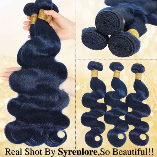 Dark Blue Body Wave Bundles with 4x4 HD Lace Closure, 100% Brazilian Virgin Human Hair, 12A Grade, Soft & Thick, Pre-Plucked Transparent Lace, Sew-In or Quick Weave, 10 12 14 Inch + 10 Inch Closure