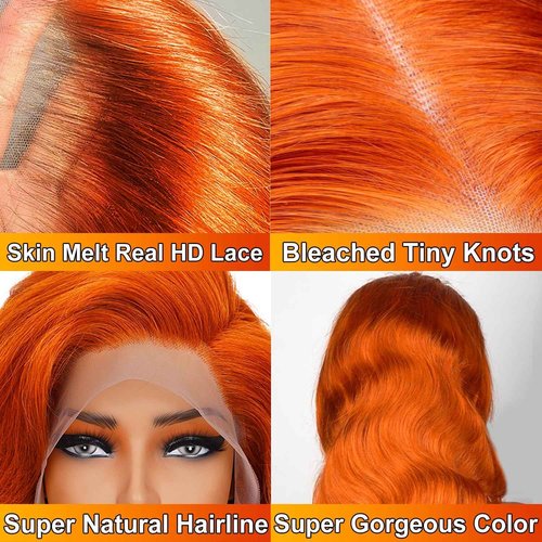 Alimoonbeam Ginger Orange 28 Inch13x6 Lace Front Wigs Human Hair Body Wave Frontal Wigs Human Hair for Women 180 Density Pre Plucked HD Transparent Lace Glueless 350 Colored Wig Bleach Knots