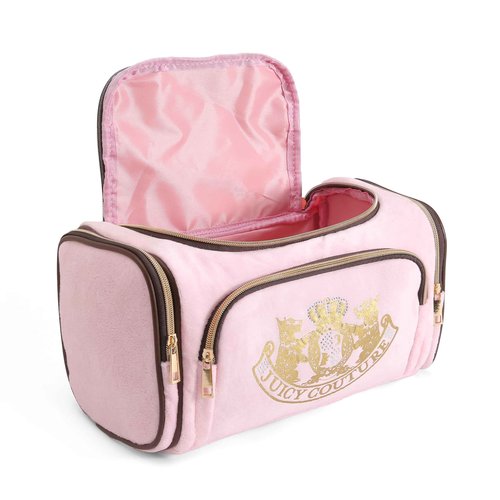 Juicy Couture Pink Makeup Bag Cosmetics Organizer Travel Essentials Duffel Velour Gold Terrier Dog Rhinestone Crown
