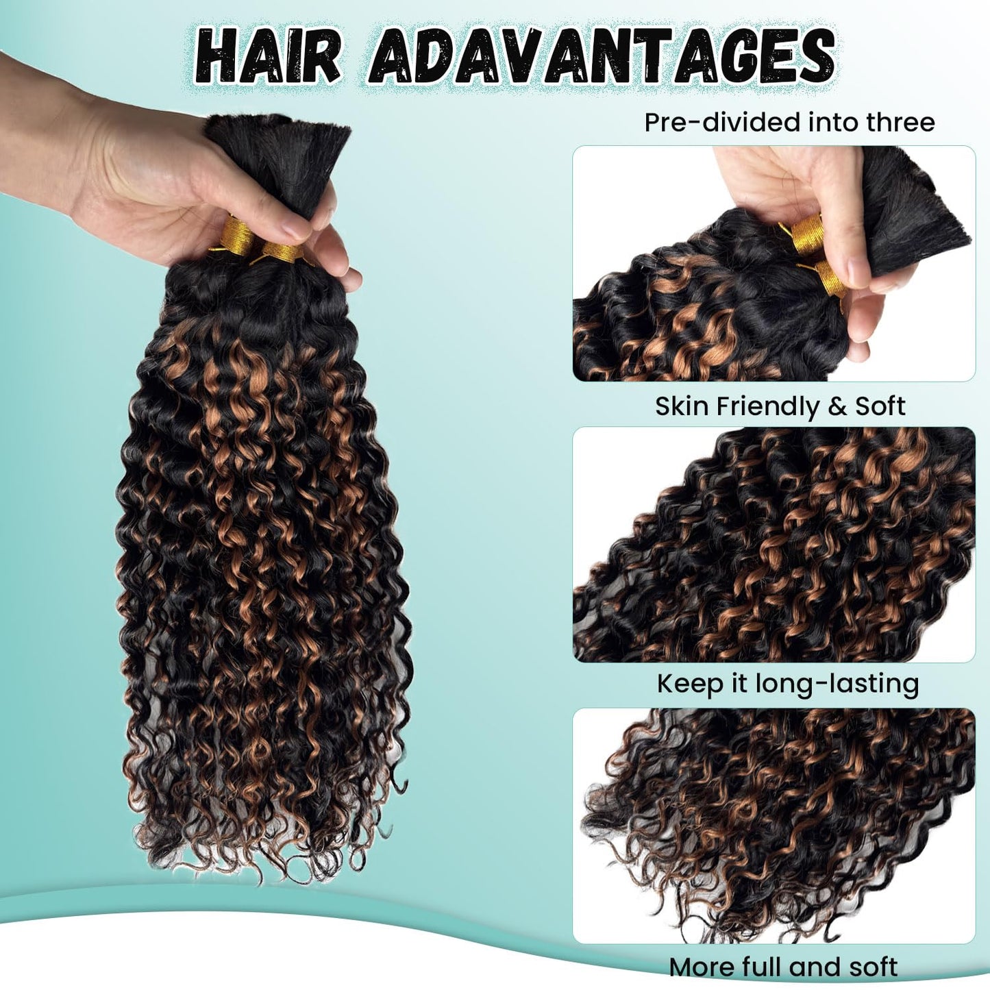 Highlights Braiding Human Hair for Boho Braids,100G Human Hair 2 Bundles Deep Water Wave Curly Bulk Boho Hair for Braiding, 30 Inch No Weft 12A Braiding Hair for Boho Braids Human Braiding Hair