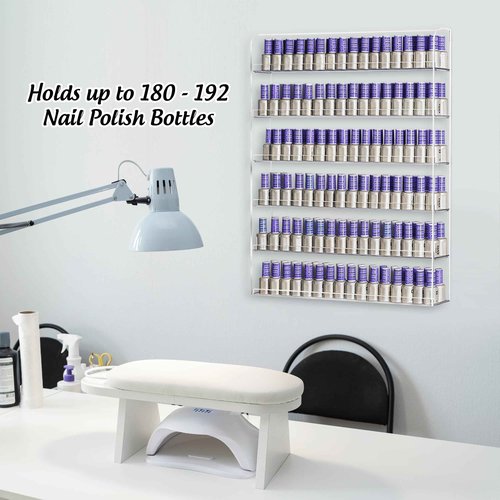 AMT 6 Tier Acrylic Nail Polish Racks for the Wall, Holds up to 180 Bottles, CLEAR Nail Polish Display, Essential Oils Organizer. Plus a Microfiber Cloth for Cleaning Purposes