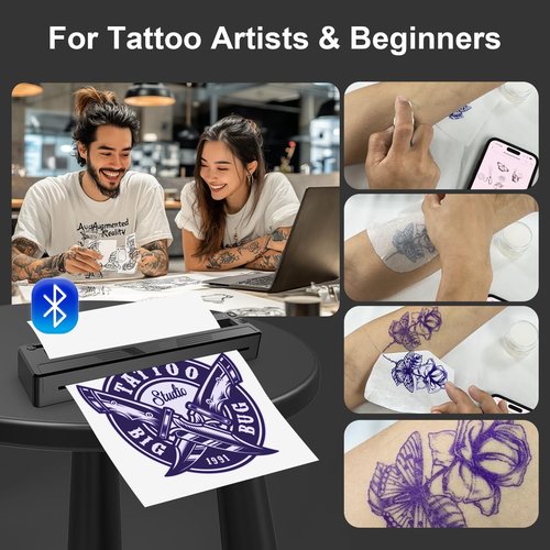 New Tattoo Stencil Printer - Wireless Bluetooth Thermal Kit with 10 Transfer Papers, Fits Custom-Size A4-A8 Width Thermal Paper, Works for Phones/Tablets/PC/Mac, for Artists & Beginners (Black)