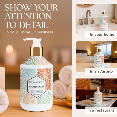 FlowerBox Liquid Hand Soap with Pump – Set of 12 Scented, Decorative Hand Soap Dispensers for Bathroom and Kitchen – 500 mL Luxury Floral Mosaic Bottles, Gift Pack