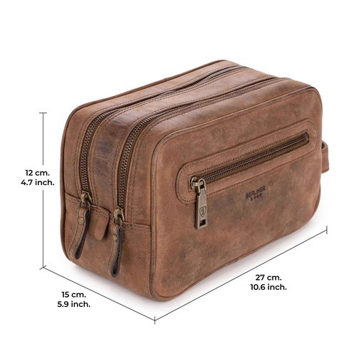 BERLINER BAGS Vintage Genuine Leather Toiletry Bag Max 2, Two Zippered Compartments, Large Capacity Cosmetics Bag for Men and Women for Travel - Brown