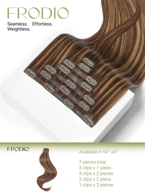 Frodio Clip Ins Hair Extensions Black: Remy Real Human Hair Pu Seamless Silk Long Straight Invisible Full Thick Virgin Brazilian Brown Highlight Color Beauty For Women Can Be Body Wave 100g 7 Piece