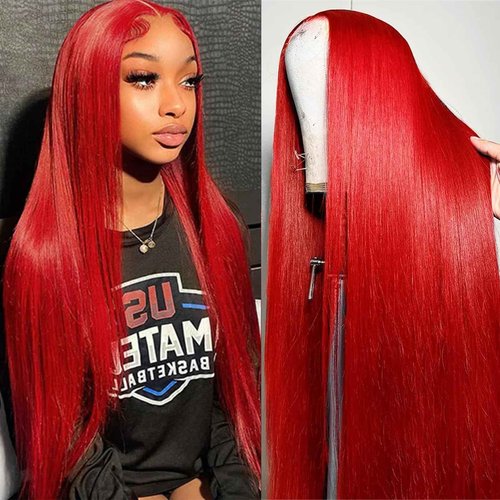 Red Lace Front Wigs Human Hair Straight 13x4 HD Lace Frontal Wigs Human Hair Burgundy Red Wig Pre Plucked 180% Density Colored Straight Glueless Wigs for Women 26 Inch