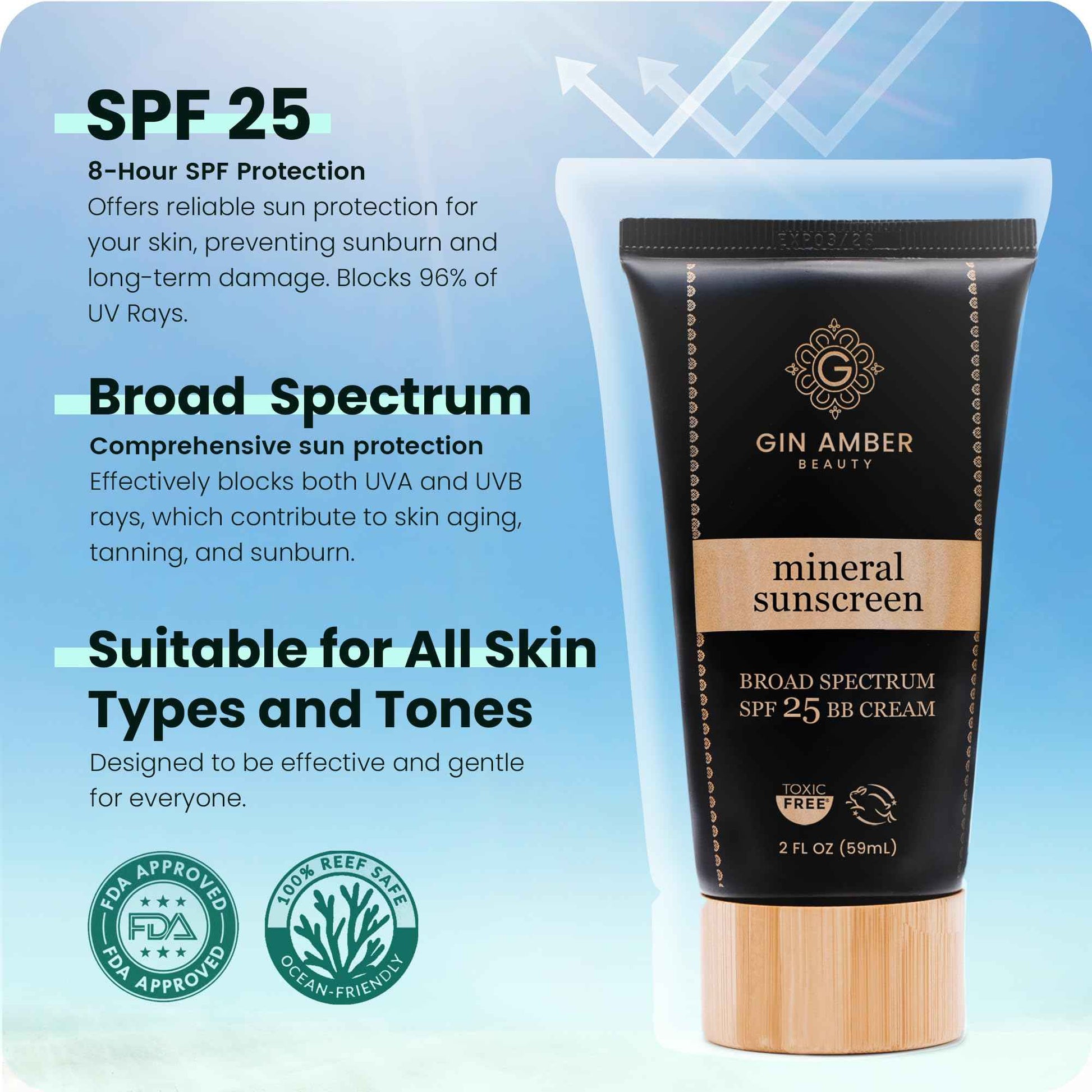 Gin Amber Beauty Mineral Tinted SPF 25 - Toxic Free Face Sunscreen and BB Cream for Women with Sensitive Skin - Revolutionary Zinc Oxide Formula - Improves Fine Lines and Uneven Skin Tone