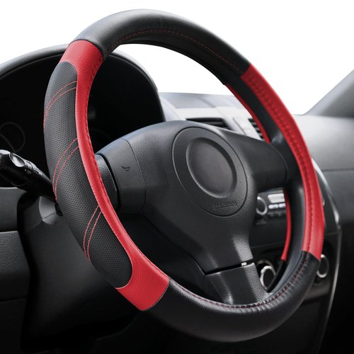 Elantrip Leather Steering Wheel Cover 14 1/2 to 15 inch Universal Padded Soft Grip Breathable for Car Truck SUV Jeep Anti Slip Black and Red