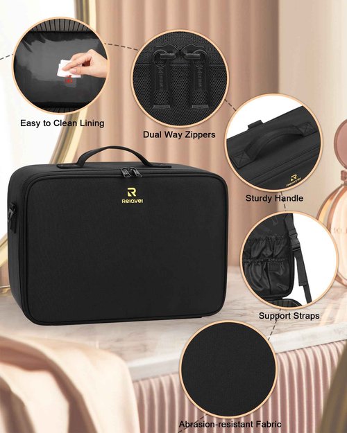 Relavel Large Makeup Bag with 3 Removable Pouches, Travel Train Case Cosmetic Organizer Carrying Box for Makeup Artists Hairstylist with Adjustable Dividers, Brush Holder and Shoulder Strap, Black