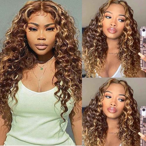 P4/27 Ombre Human Hair Bundles Loose Deep Wave Quick Weave Hair with Closure, 10A Brazilian Raw Deep Wave Human Hair Highlight Bundles with 4x4 Lace Closure(12 14 16+12inch, Honey Blonde Brown Color)