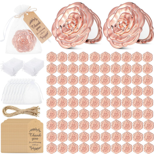 Panelee 96 Set Rose Compact Mirrors Bulk Quinceanera Wedding Party Favors Including Rose Shape Mirrors Thank You Tags and Jute Twine with White Organza Bags for Wedding Guests Souvenir (Pink Gold)