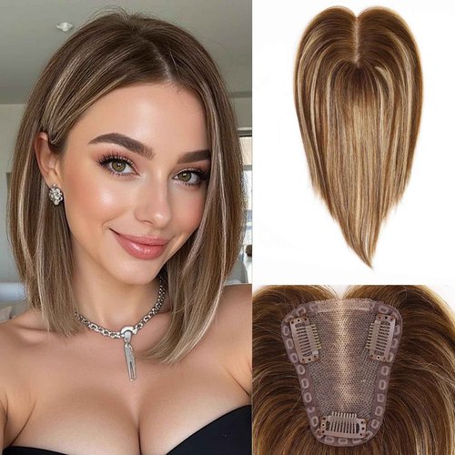 starluck Hair Toppers for Women Real Human Hair No Bangs 3.5"*4"Hand-Tied Swiss Lace Base 12in 100% Remy HumanHair Topper for Women with ThinningHair(T4/27/4#)
