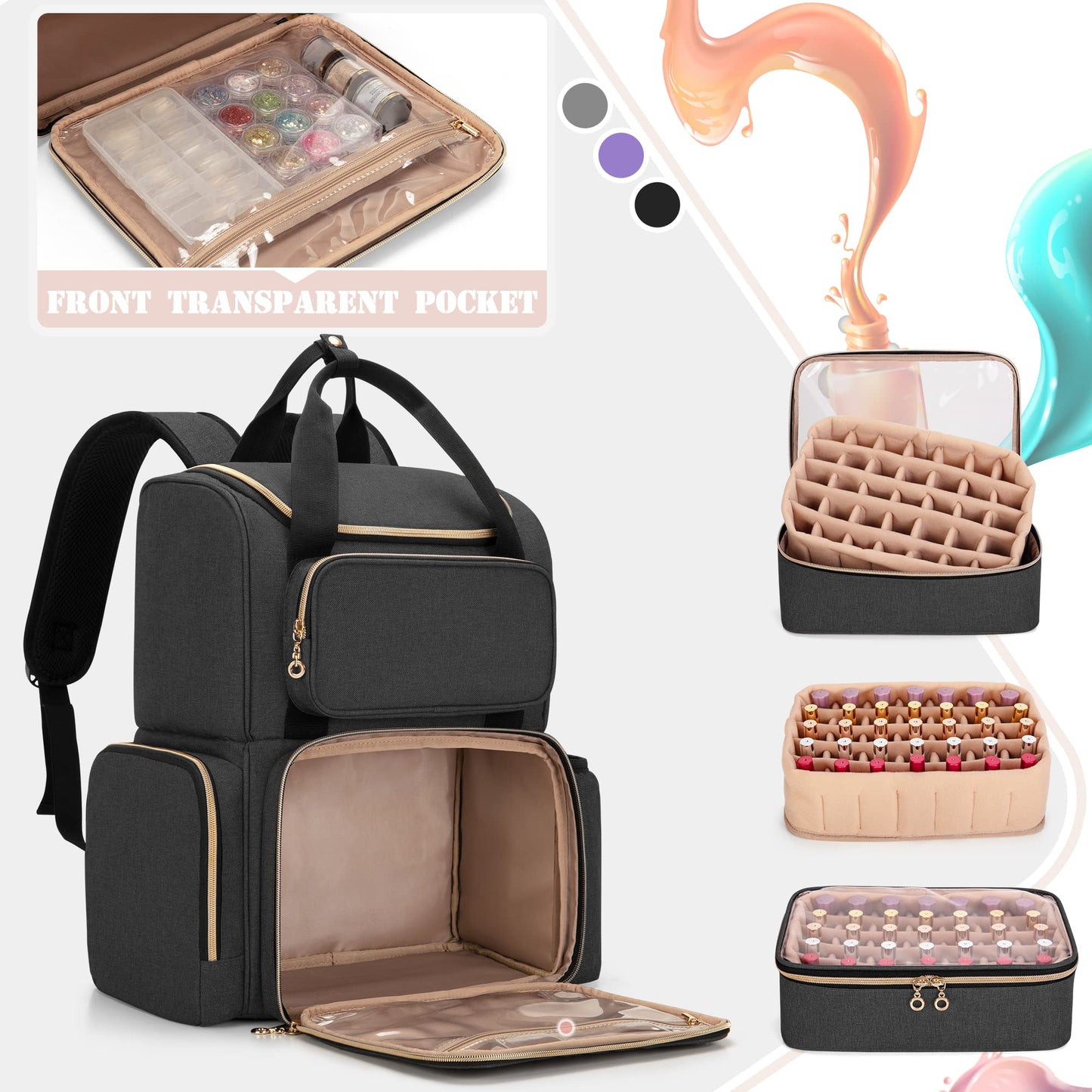 LUXJA Nail Polish Organizer (Backpack Version) Holds 70 Bottles and a Nail Lamp, Travel Nail Bag with 2 Removable Cases and Tools Storage Pockets (Patent Pending), Black