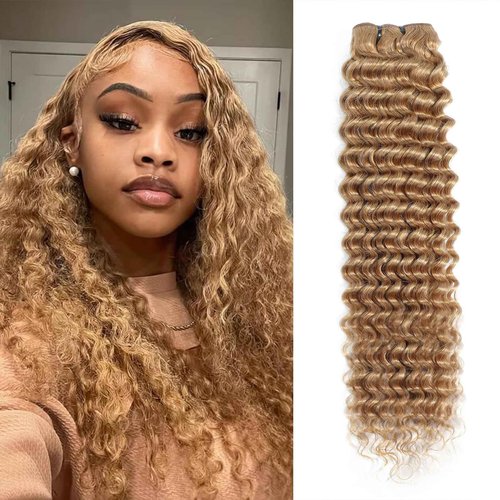 inlovwith Honey Blonde Deep Wave Human Hair Bundles, Selected Healthy Deep Curly Bundles Human Hair 27# Colored Brazilian Virgin Hair Wet and Wavy (Single Bundle, 20 Inches)