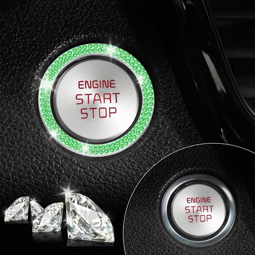 LivTee 2 PCS Crystal Double Rhinestone Car Engine Start Stop Decoration Ring, Bling Car Interior Accessories for Women, Push to Start Button Cover Sticker, Automotive Decals, Light Green