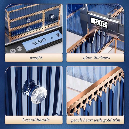 Youdepot Makeup Organizer Blue - Tempered Glass Vanity Organizer for Cosmetics, Skincare, Hair Tools, Brushes, Perfume - Multipurpose Bathroom Counter Skincare Organizer