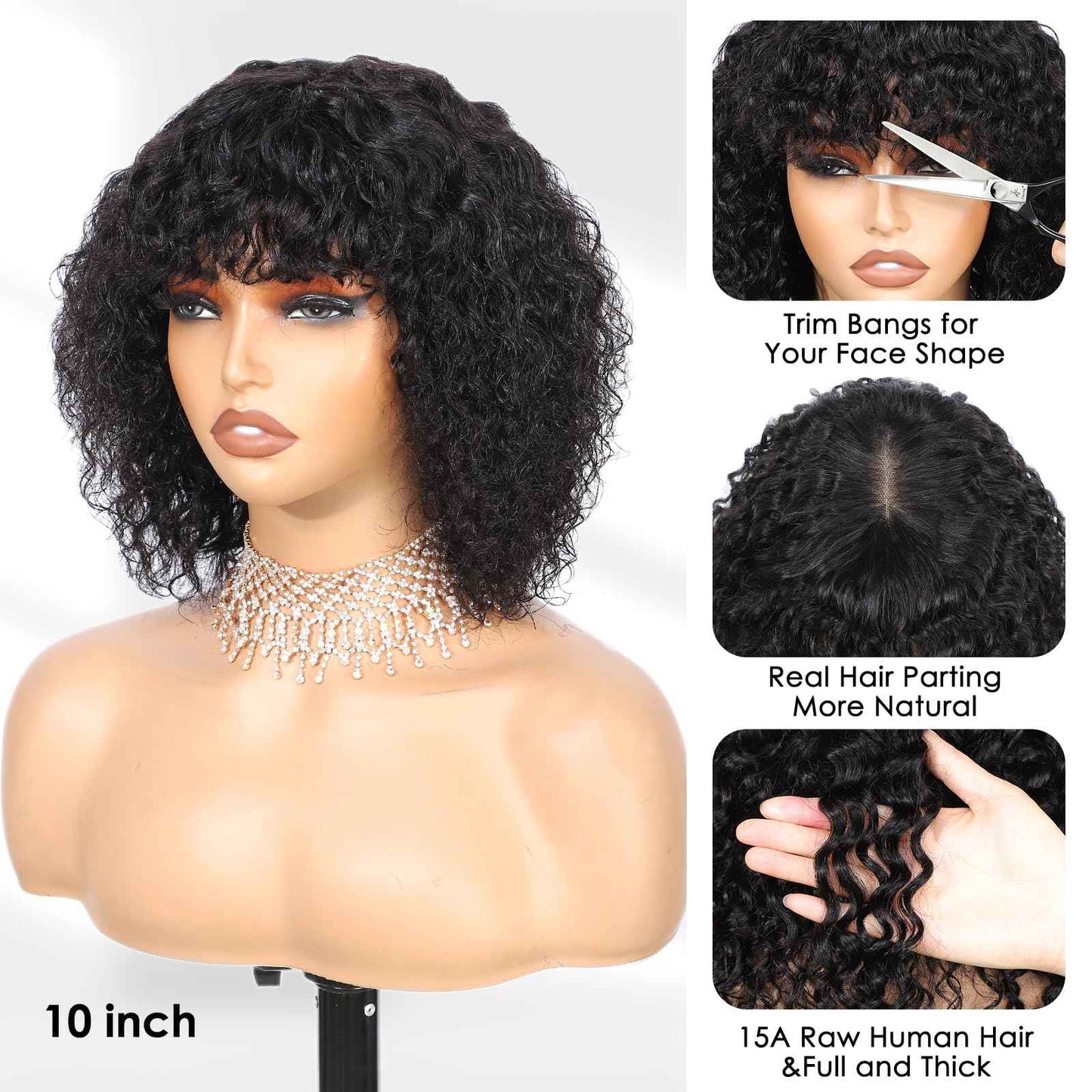 15A Raw Human Hair Wig with Bangs 4x2 Lace Short Water Wave Curly Glueless Wigs Layered Bob Wig Human Hair 180% Density Ready to Wear Wigs Glueless Human Hair for Women (10 Inch 1B Black)