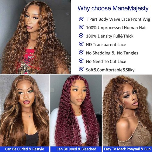 ManeMajesty Ombre Curly Wave Lace Front Wigs Wear and Go Glueless Wigs Human Hair Pre Plucked Pre Cut Wet and Wavy Lace Front Wig180% Density T Part Honey Blonde and Brown Mixed Wig(FS4/27,12inch)
