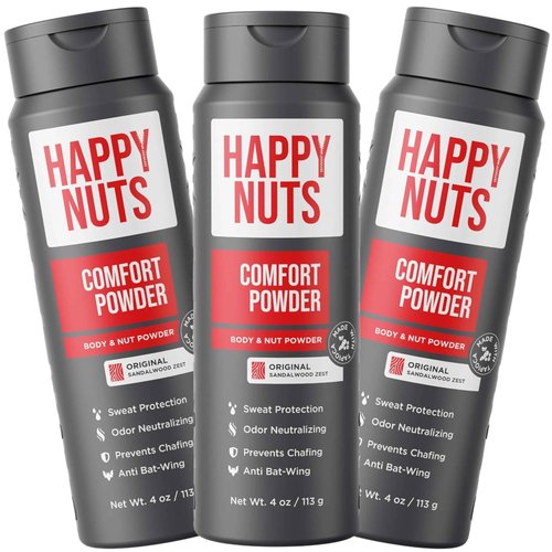 HAPPY NUTS Comfort Powder Deodorant For Men: Anti-Chafing Sweat Defense, Odor Control, Aluminum-Free, Perfect Stocking Stuffer Gift for Men's Private Parts 4 oz (3 Pack), Original Scent