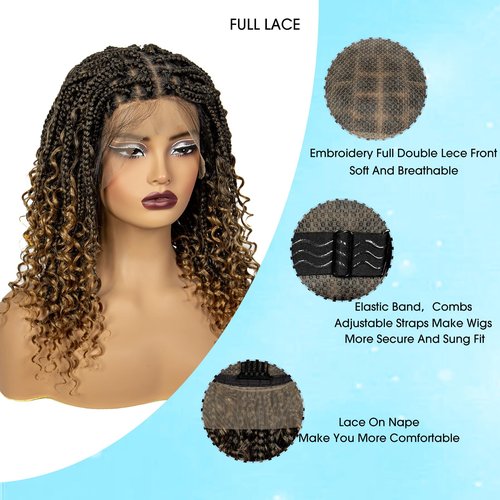 A ANYTIME Qiyu 18" Short Knotless Box Braided Wigs for Women Braided Lace Wigs with Curly Ends Bob Braids Wigs Full Lace Braided Wig with Baby Hair Natural Blended Braiding Hair Wig（1B/27
