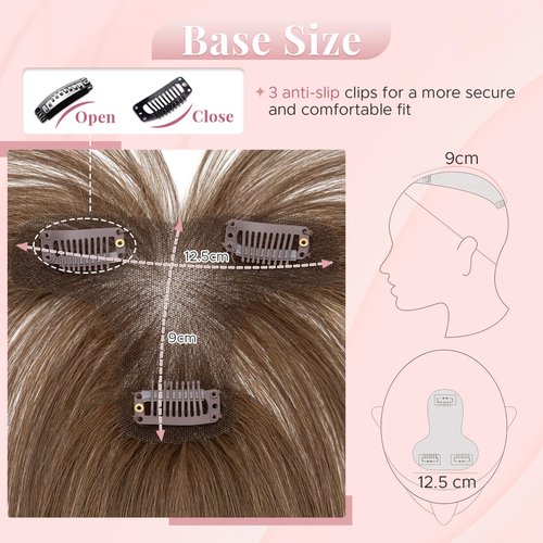 SEGOHAIR Women's Clip In Human Hair Topper, with 360° 3D Cover Air Bangs - for Thinning Hair, Straight, 11 Inch, Medium Brown, 9x12 CM Upgraded Seamless Silk Base, Lightweight, Breathable