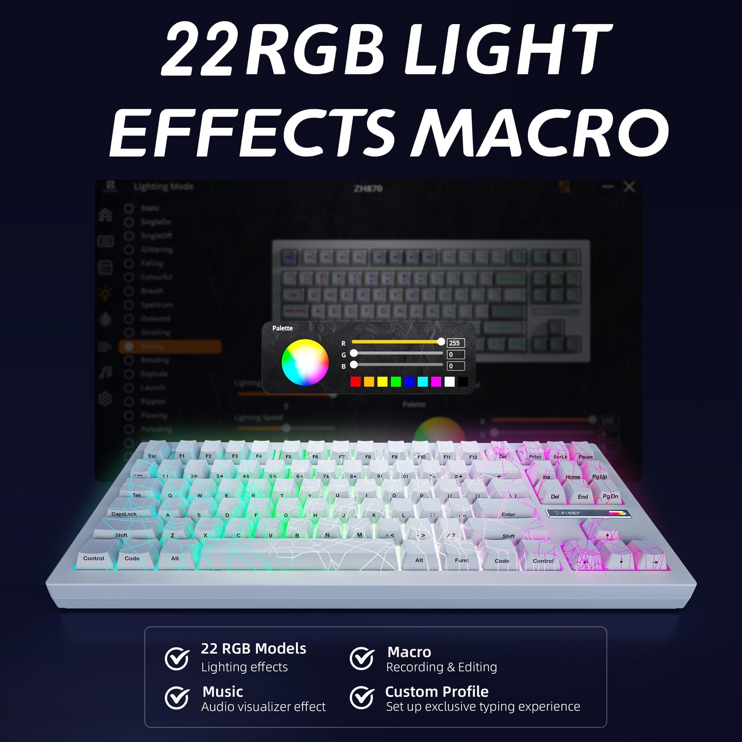 ZORNHER ZH870 Wireless Mechanical Gaming Keyboard,80% White Custom Creamy Sound Keyboard with White Spider Web IMD PC Keycaps,Pre-lubed Linear Switches,Hot-Swappable,RGB Backlit