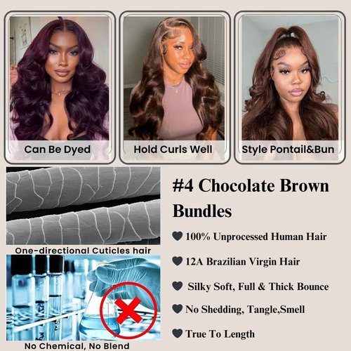 ALHER Color #4 Chocolate Brown Body Wave 13x4 Frontal Closure, 12A Wavy Free Part Melt 13x4 Lace Frontal, 100% Virgin Remy Human Hair Mocha Brown Hair Color Pre Plucked With Baby Hair Frontal 12 Inch