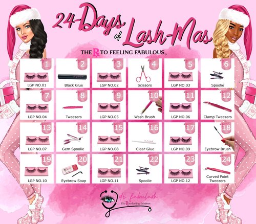 24-Day Lash-Mas Glam Advent Calendar Kit |12 Different False Eyelashes | Black & White Glue | 3 Different Style Tweezers | Scissors & Much More