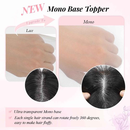 Fine Plus 10Inch Hair Toppers for Women Real Human Hair – Mono Base 3"x5", Natural Black Virgin Quality, for Thinning Crown & Wide Parting, Lightweight & Breathable, Add Volume Can Be Curled