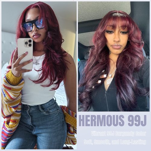 HERMOUS 13A Double Drawn Dark Burgundy Human Hair Bundles Body Wave 22 Inch, Double Lifespan Than Regular, Keep Silky And Soft After Washes Colored #99J Wine Cherry Red Single Bundles Raw Hair Sew In