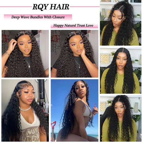 Deep Wave Human Hair Bundles with Closure Unprocessed Brazilian Deep Curly Human Hair Bundles with 4x4 Lace Closure Free Part 16 18 20 with16 Inch Natural Color