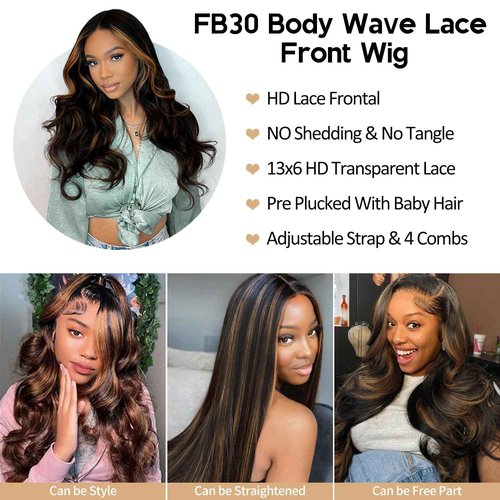 BMNH 13x6 Body Wave Highlight Lace Front Wig Human Hair FB/30 Ombre Lace Front Wig Human Hair Pre Plucked HD Lace Frontal Wigs 200% Density Colored Ombre Wig For Women 30 Inch