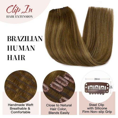 LOVELINE Clip in Hair Extensions Real Human Hair, 100% Remy Human Hair Extensions Clip Ins for Women, 7Pcs 16Inch 120g, Balayage Chocolate Brown to Caramel Blonde