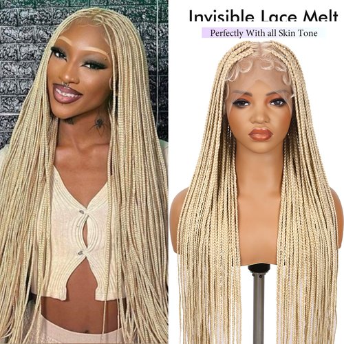 Lady Miranda Full Lace Braided Wigs for Black Women Knotless Box Braid Wig with Baby Hair 34" Glueless Wigs Jumbo Box Braids Lace Front Synthetic Wig (Blonde-box braid, 34 Inch)