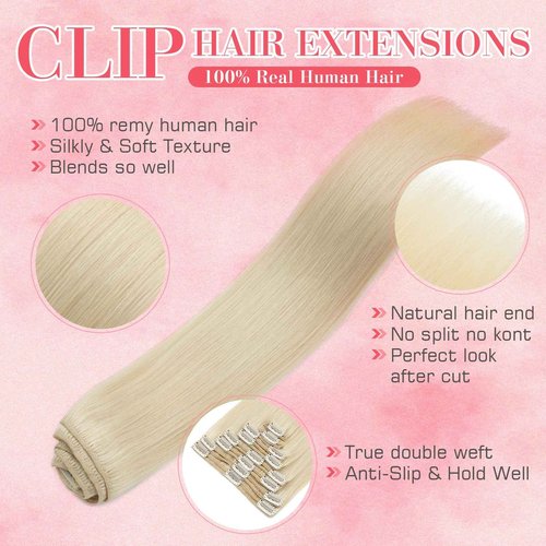 S-noilite Clip in Hair Extensions Real Human Hair Platinum Blonde Clip on Extensions 18 Inch 8pcs 140g Straight Double Weft #60