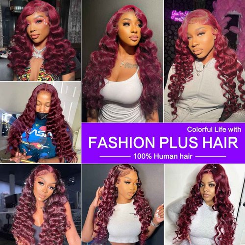 FASHION PLUS 99J Loose Wave Lace Front Wigs Human Hair Pre Plucked 200% Density 13x4 HD Transparent Burgundy Loose Deep Wave Full Frontal Human Hair Wigs for Black Women