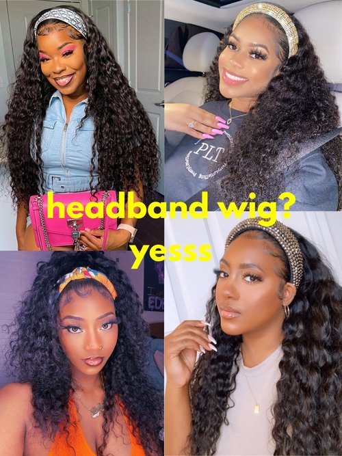 Liwsizxk Water Wave Headband Wig Human Hair 16inch Curly Drawstring Headband Wigs Human Hair Wear and Go Glueless Wigs for Black Women Brazilian Virgin Hair 220 Density Natural Color