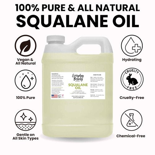 Squalane Oil Bulk- 32 oz 100% Pure & Natural Plant Derived Facial Oil - Cold Pressed and Unrefined Premium Grade Multipurpose Moisturizing Oil For Skin and Hair