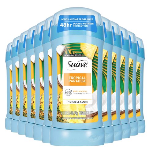 Suave Antiperspirant Deodorant For Women, Invisible, Underarm Deodorant, 48hr Odor & Wetness Protection, Long Lasting Tropical Fragrance, Sensitive Skin Deodorant Solid Stick, 2.6 oz (12 Bulk Pack)