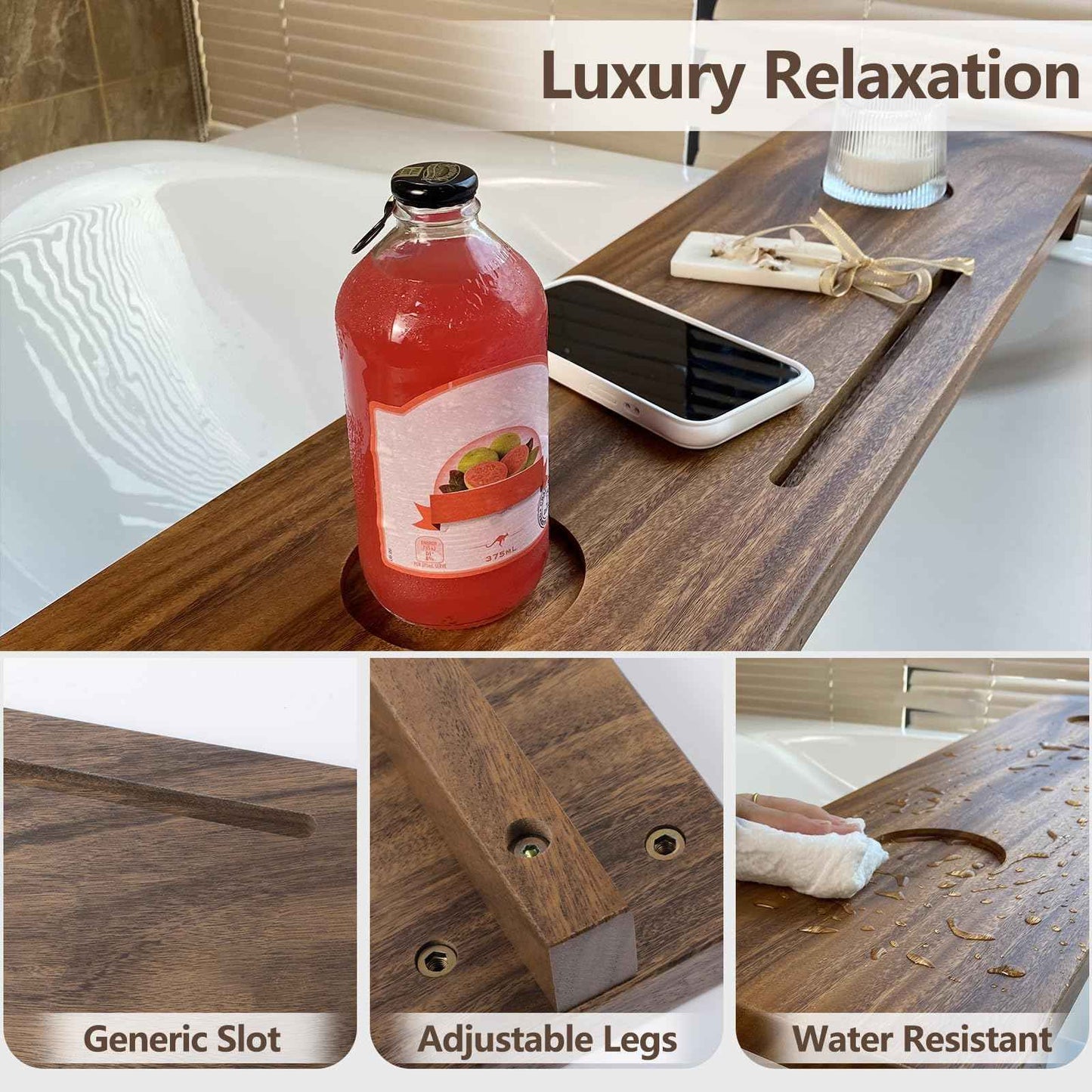 Graceware Walnut Bathtub Tray (35"x9"x2.5"), Luxury Bath Tray for Tub | Anti-Tip Adjustable Bathtub Trays for House Warming Gifts